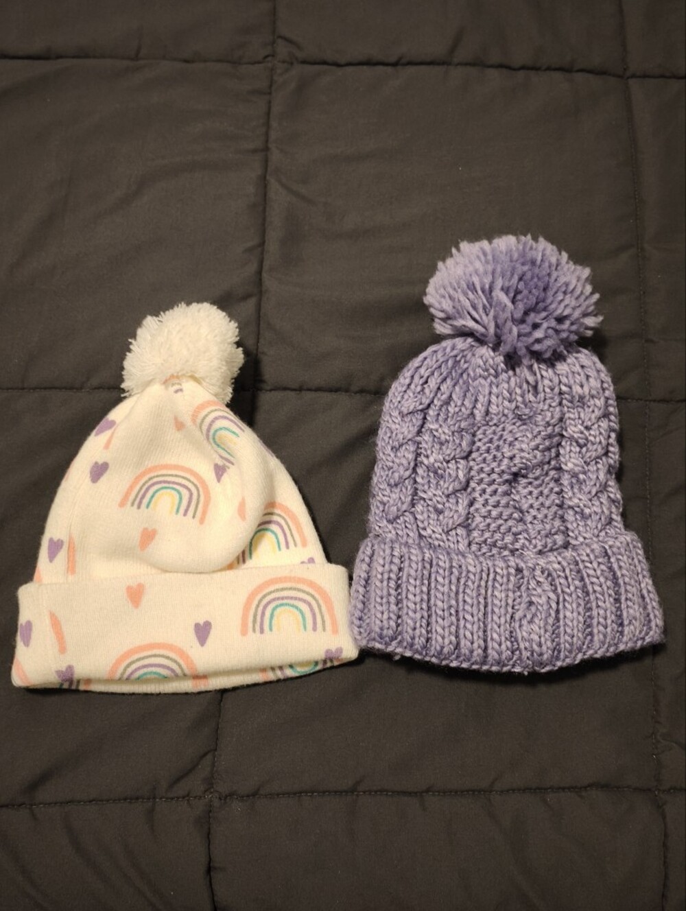 NWOT Girls Winter Beanie Hat Bundle Pom Pom Rainbow Purple Cable Knit 2PC